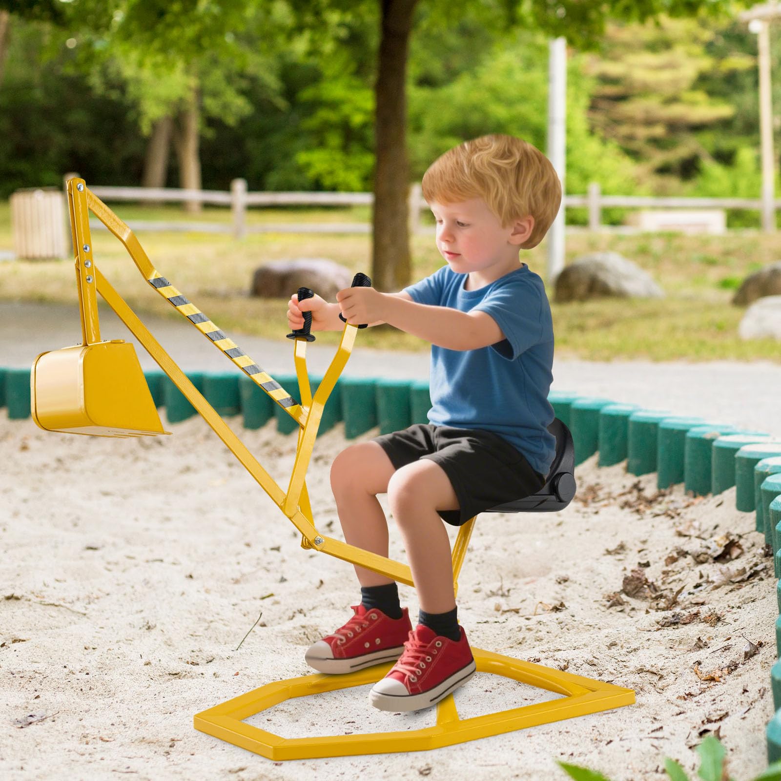 DREAMADE Kinder Bagger für Sandkasten, Metall-Aufsitzbagger mit 360° drehbarem Sitz, Flexibler Schaufel, für Erde, Schnee, Strand, Bagger zum draufsitzen für Kinder ab 3 Jahren (Gelb)
