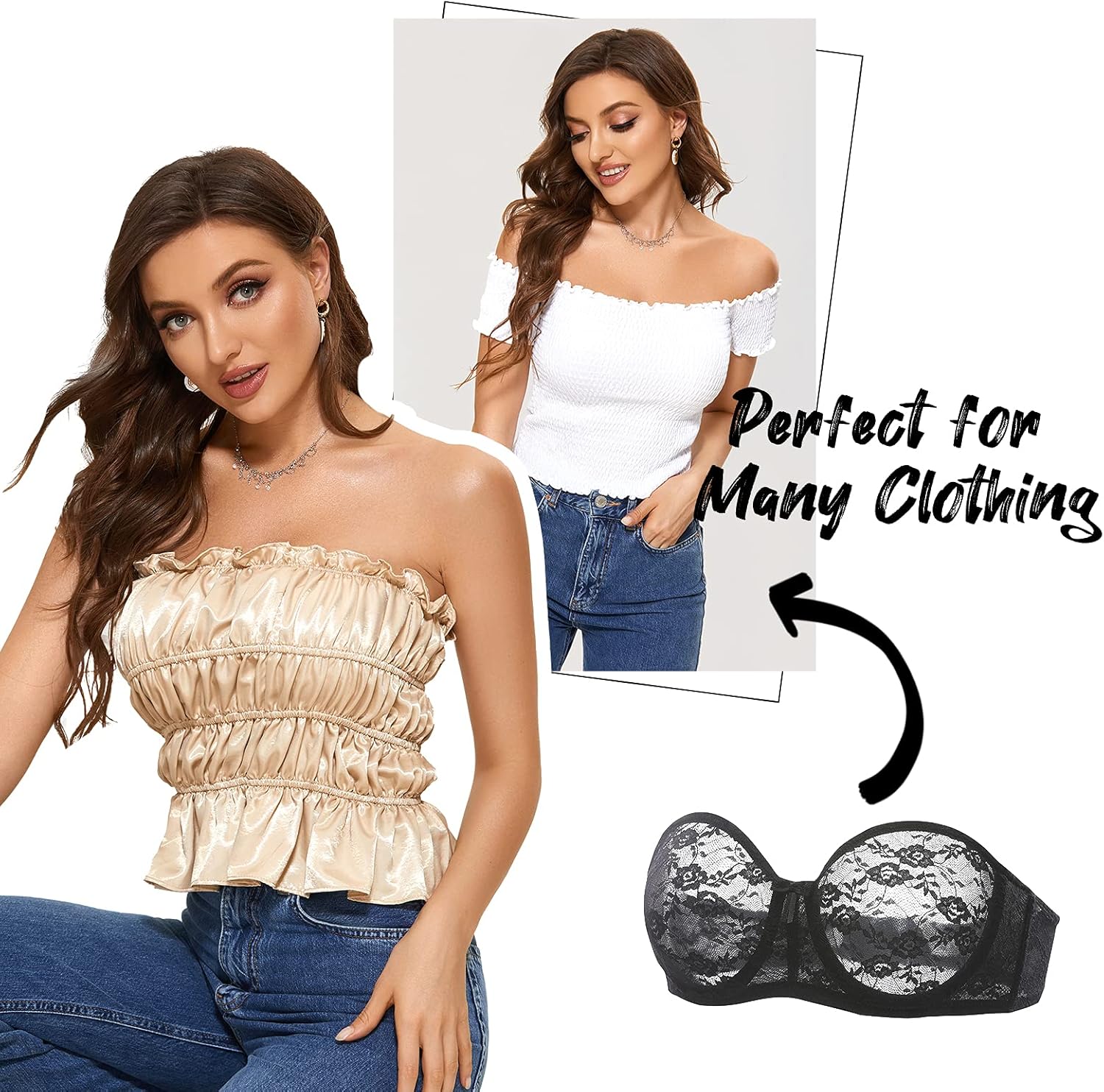 DOBREVA Women's No Padding Strapless Lace Bra Underwire Multiway See-Through - Image 6