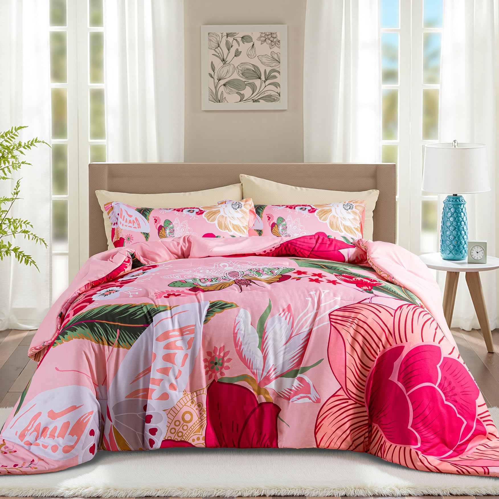 Tyrot Pink Boho Floral Queen Comforter Set