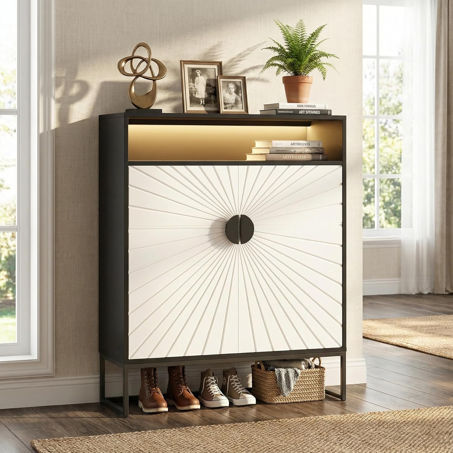 Shoes Cabinet with LED Light 5-Tier Shoe Rack Organizer with Doors and 3 Adjustable Shelves Black-Beige 39.37'' Tall Shoe Cabinet for Entryway, Hallway, Closet, Living Room