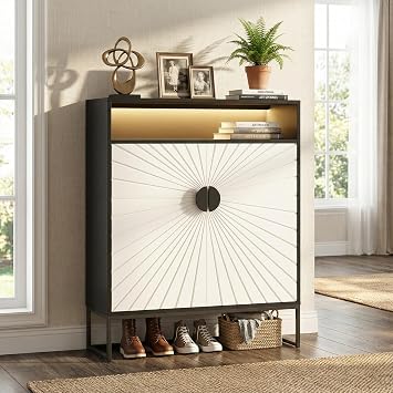 Shoes Cabinet with LED Light 5-Tier Shoe Rack Organizer with Doors and 3 Adjustable Shelves Black-Beige 39.37 Tall Shoe Cabinet for Entryway, Hallway, Closet, Living Room