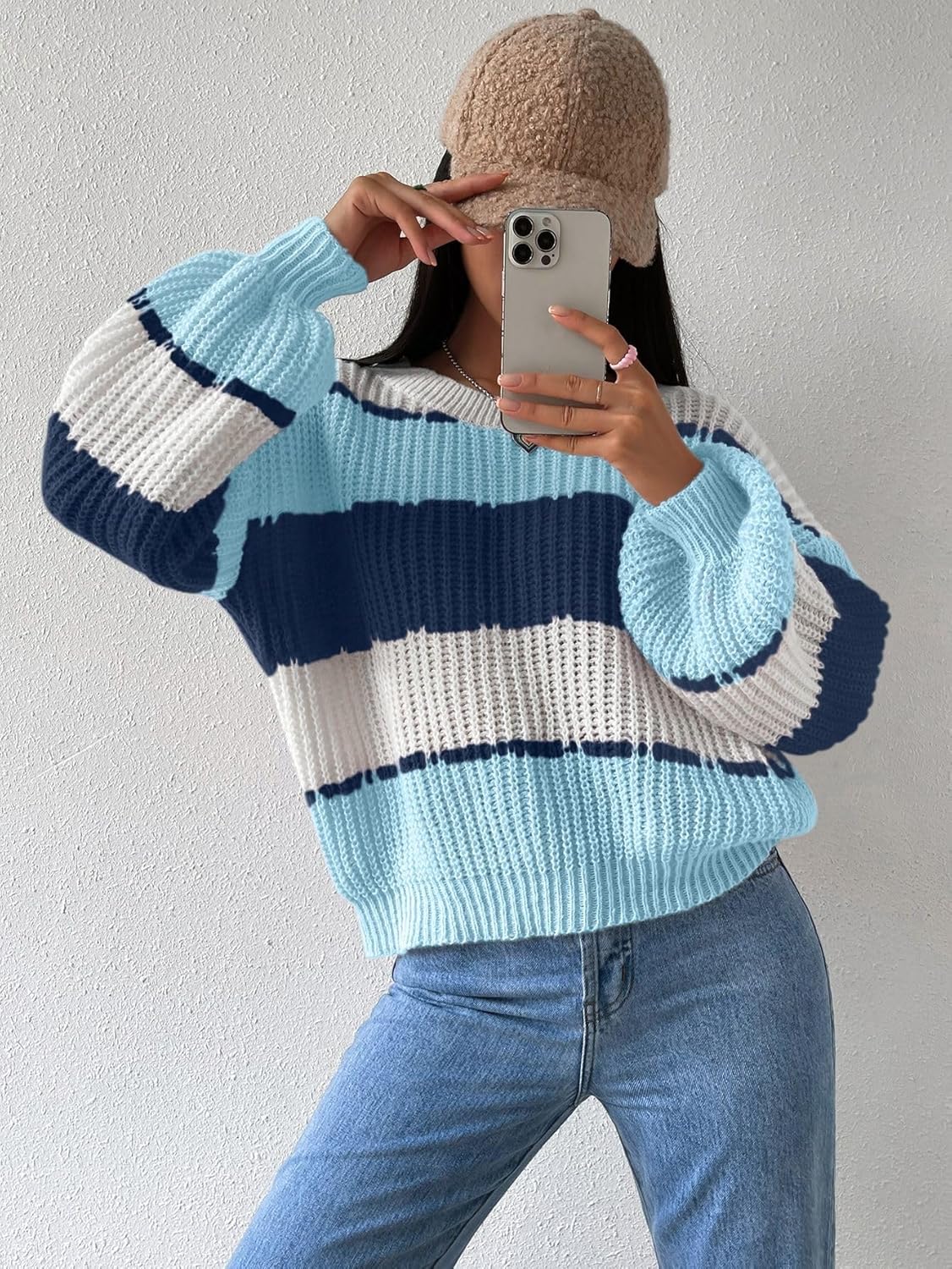 SKAYS Women's Colorblock Striped Sweater Casual Loose Round Neck Drop Shoulder Knitted Pullover - Image 3