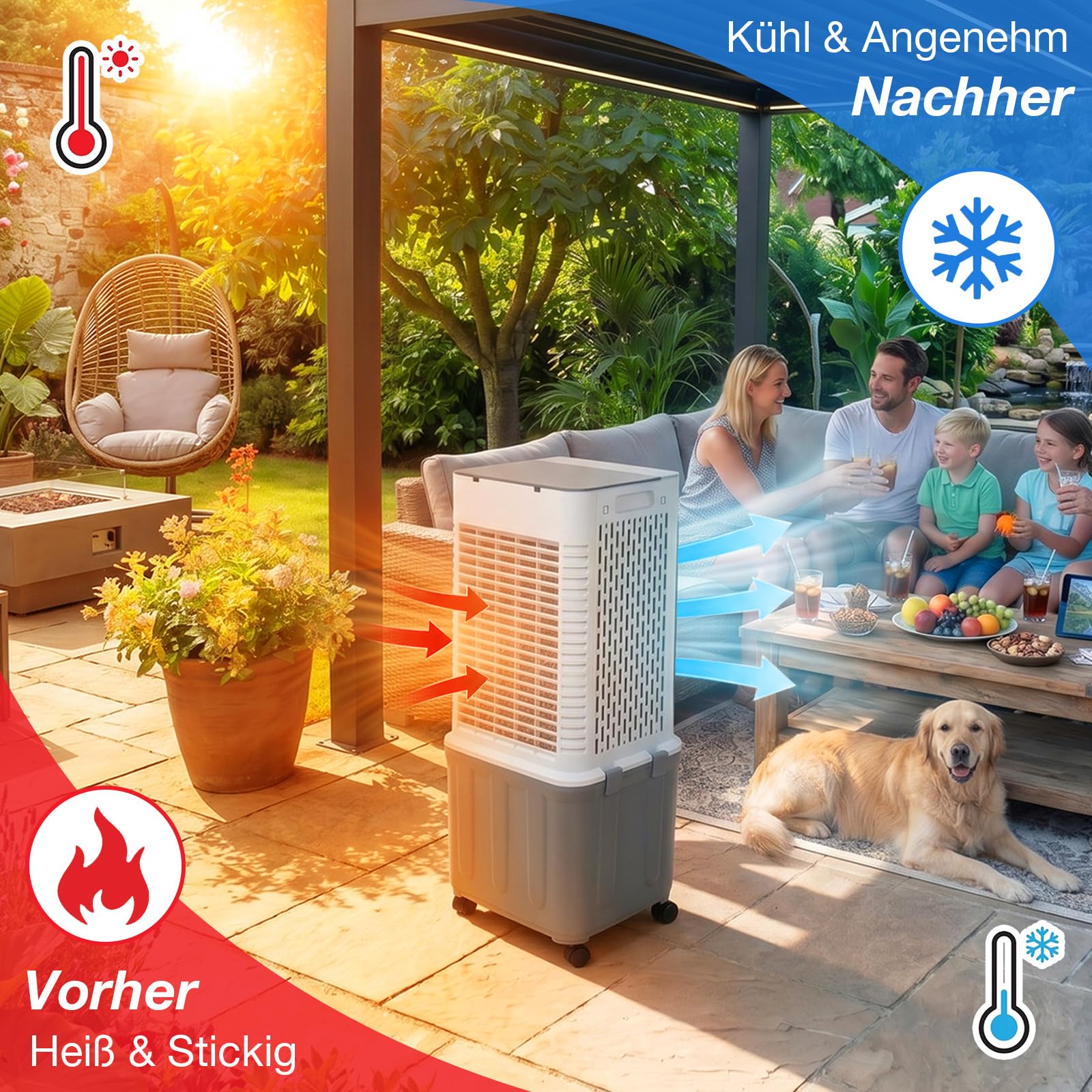 Luftkühler mit Wasserkühlung, 35L Wassertank und Fernbedienung | Mobile Klimaanlage ohne Abluftschlauch, 120° Oszillation Timer 3 Stufen 70W Verdunstungskühler für Wohnung Raum Wohnzimmer