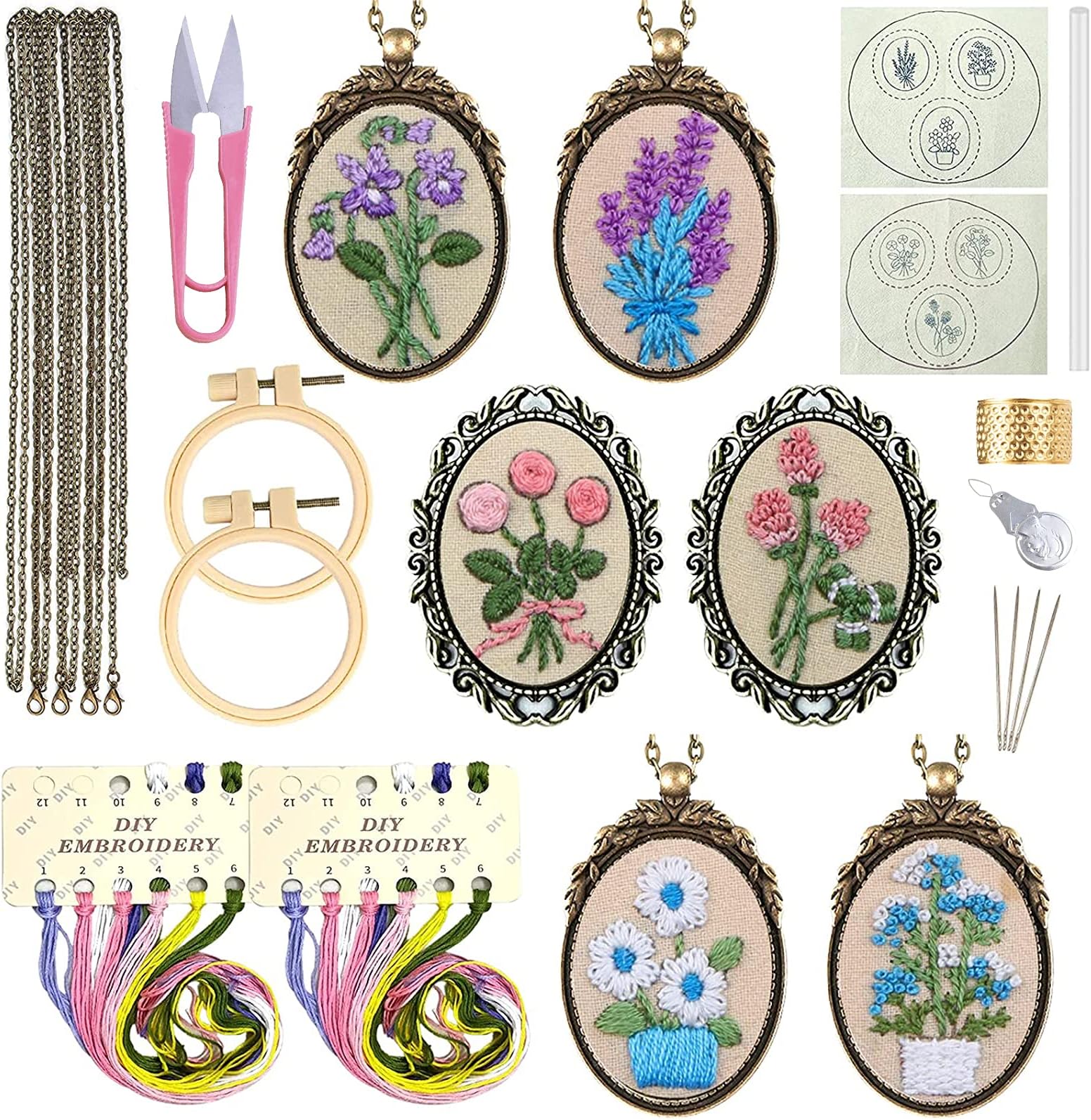 ZOCONE 6 Packs Embroidery Necklace Kits, Embroidery Pendant Kit Mini Cross Stitch Kit with Hoop, Necklace, Pendant, Brooch, Stamped Pattern Cloth, Instructions, etc. Embroidery Kits for Adults