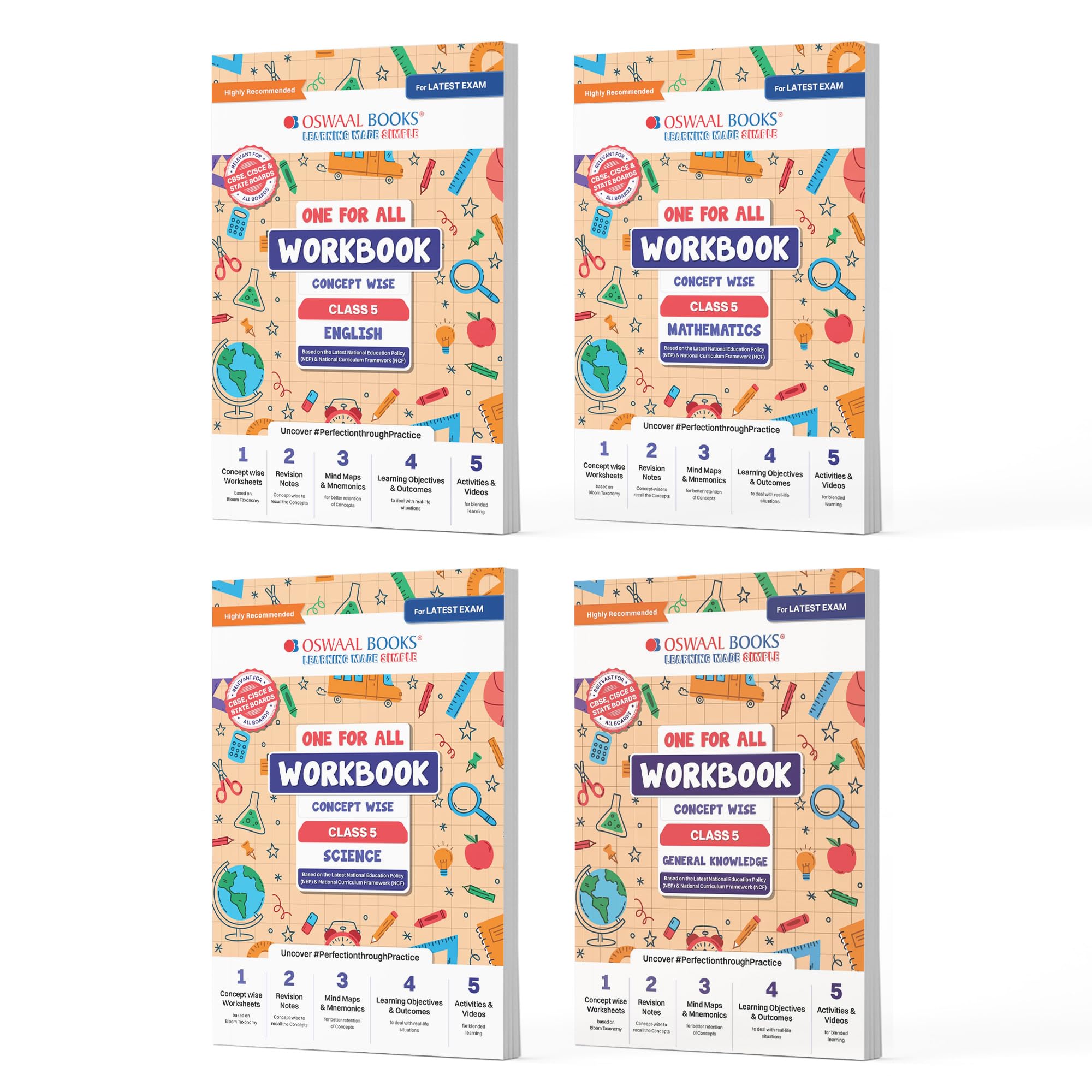 Oswaal One For All Workbook Concept Wise Class-5 English, Math, Science & General Knowledge (Set Of 4 Books) (For Latest Exam)