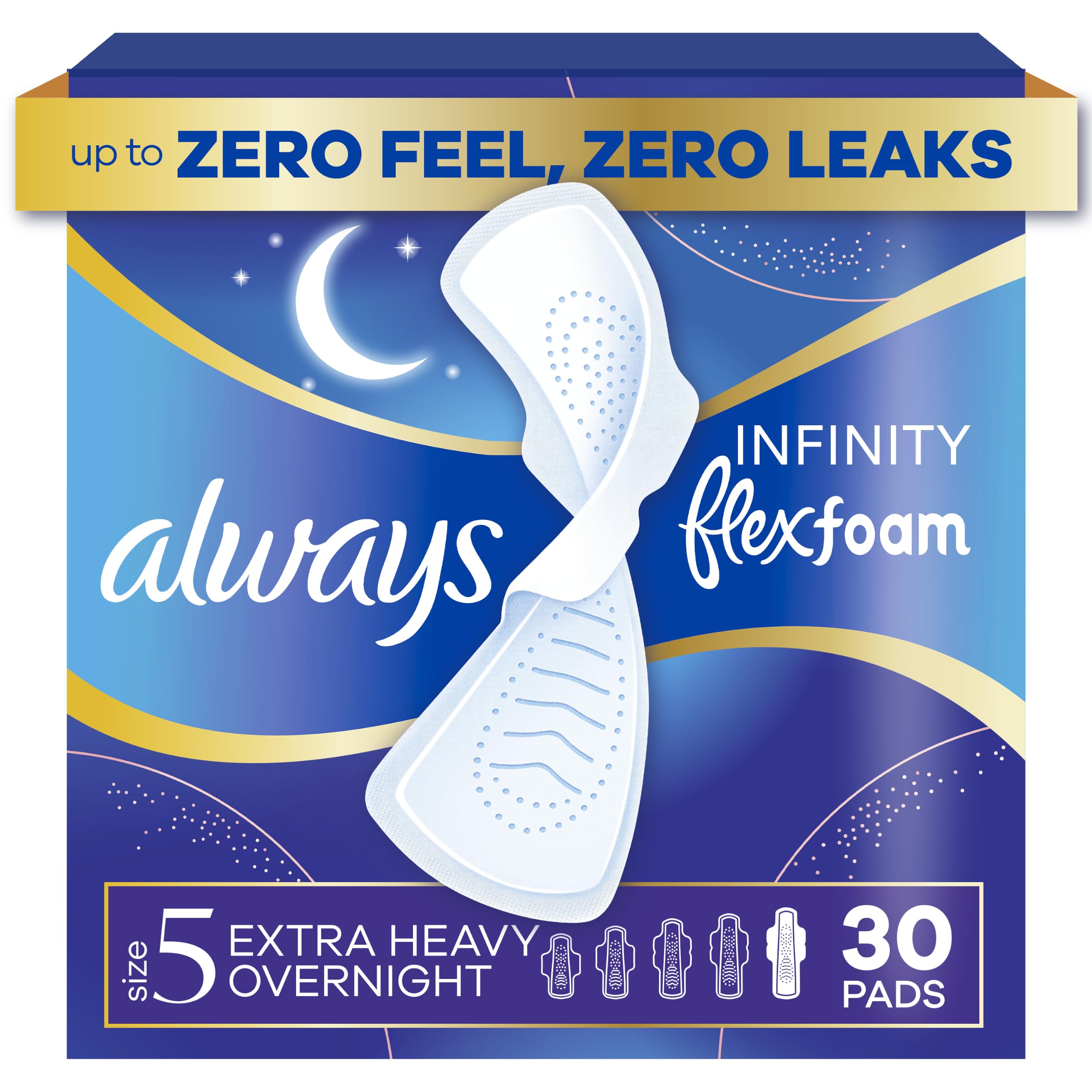 Always Infinity Feminine Pads for Women, Flexfoam Pads with Wings, Size 5, Extra Heavy Overnight Absorbency, Unscented, 30 Count