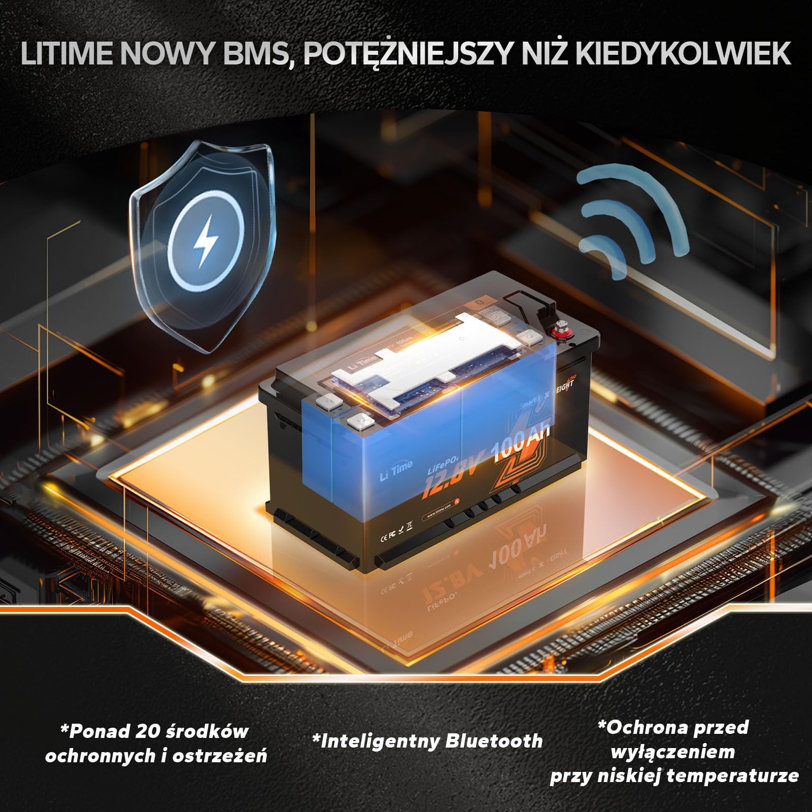 LiTime 12V 100Ah H190 Akumulator LiFePO4, Bateria Lifepo4 DIN H8 L5 Rozmiar z Inteligentnym 100A BMS i Bluetooth, Ochrona przed Niskimi Temperaturami, 4000+ Cykli, Zamiennik Kwasu Ołowiowego Kamperów