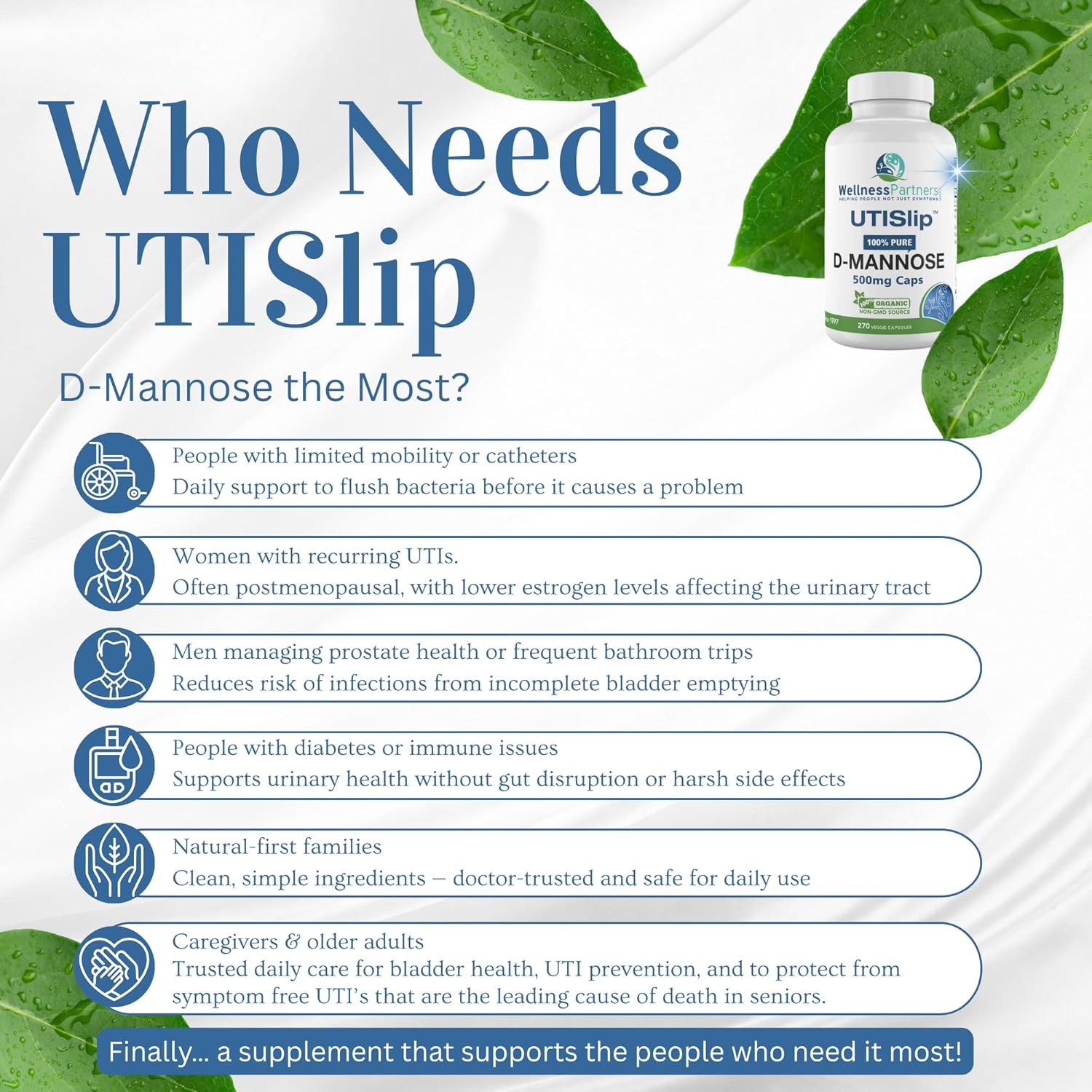 UTI Slip D-Mannose Non GMO Organic Source Veggie Capsules 270 Count (500 Mg)