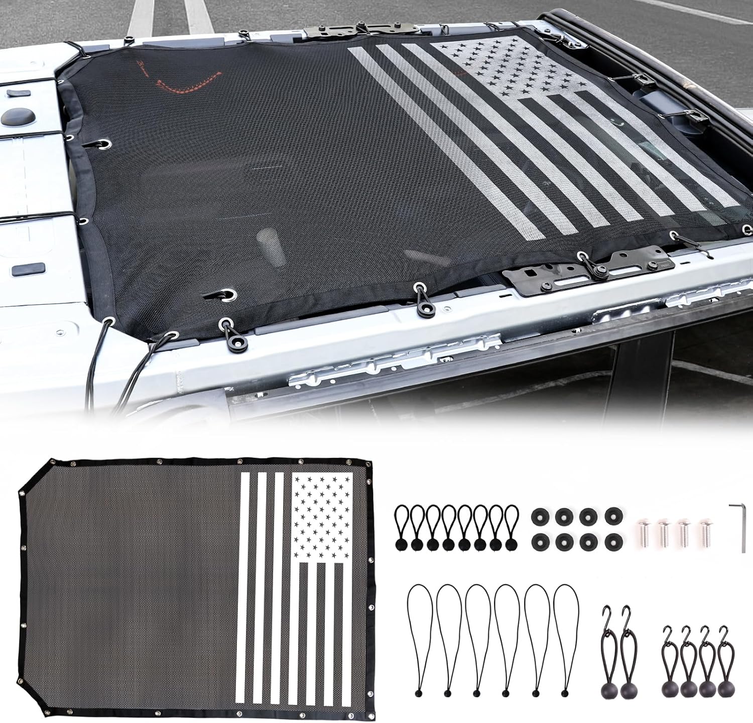 Sunshade Compatible with 2021 2022 2023 2024 2025 New Ford Bronco 2 Door, Full Length Mesh Sun Shade Bimini Top Cover for Bronco Accessories, Blocks UV Wind Noise,Flag