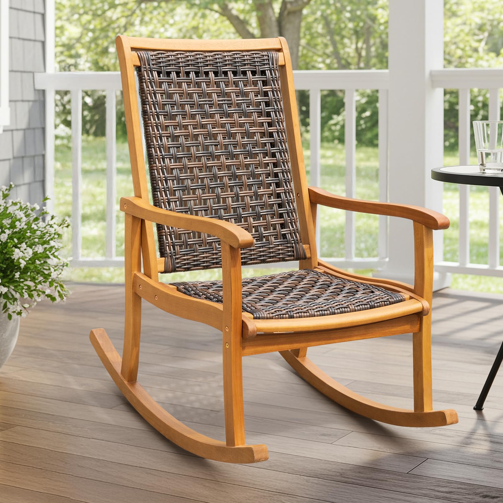 Idzo Wood Wicker Rocking Chair, 400 lbs Capacity, Durable Eucalyptus Wood, Natural Finish, Comfortable Curvy Design, Ideal for Deck, Patio Furniture, and Outdoor Furniture Accent Chair