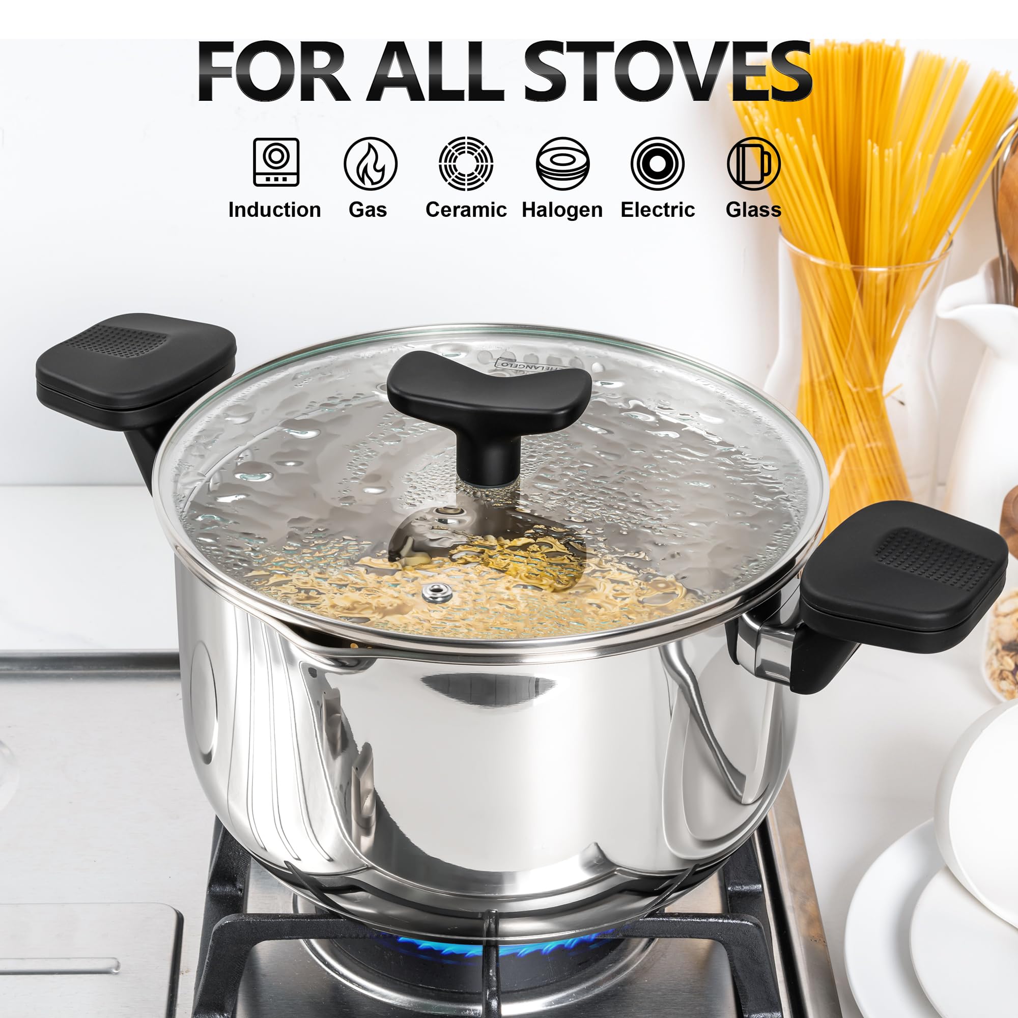 MICHELANGELO Olla de pasta de acero inoxidable con tapa coladora, olla de inducción de 6 cuartos con tapa, olla de espaguetis de 6 cuartos con tapa coladora