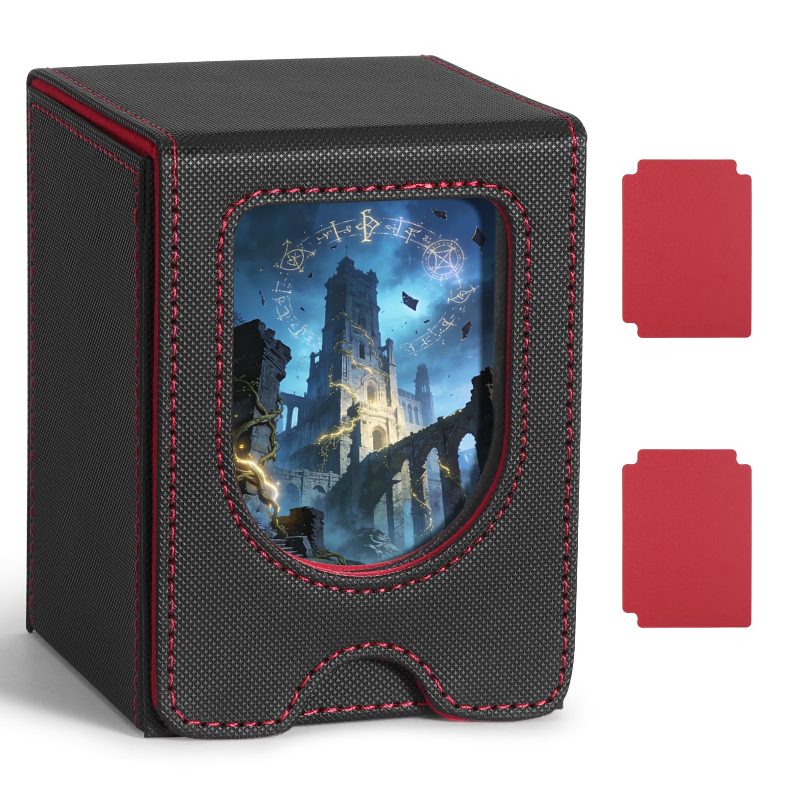 Euqvunn TCG Deck Box avec fenêtre d'affichage, peut contenir jusqu'à 130 cartes à pochettes simples, 2 séparateurs pour rangement facile, idéale pour l'exposition et le transport (Noir Rouge