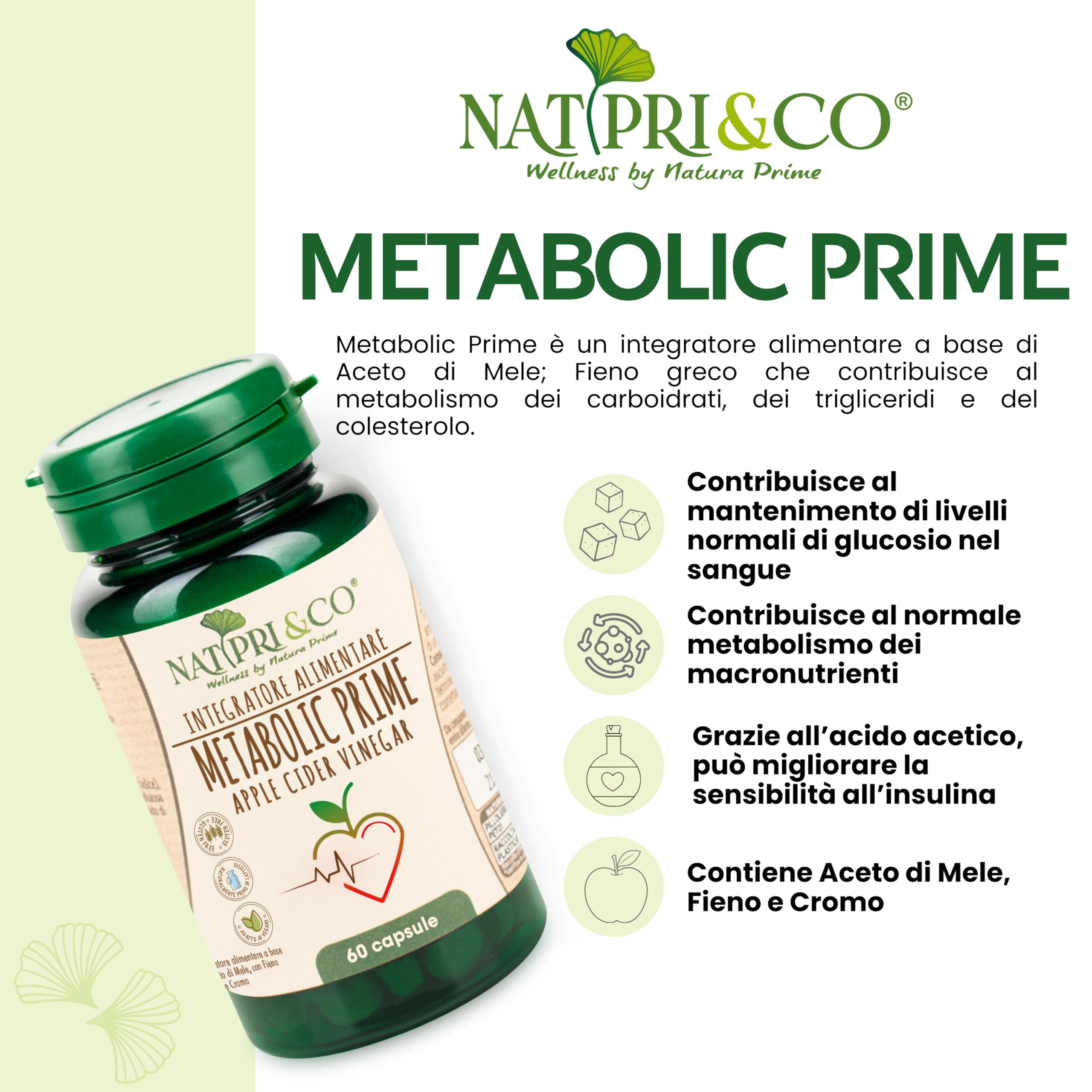 Natura Prime – Metabolic Prime Apple Cider Vinegar Normali Livelli Di Glucosio e Lipidi Nel Sangue – Con Aceto Di Sidro Di Mele, Fieno E Cromo - 60 Capsule – Vegano, Senza Glutine E Senza Lattosio