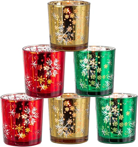 Miniatura 3 de Portavelas de Navidad, juego de 3 velas votivas de vidrio de mercurio, decoraciones navideñas para interiores, copos de nieve tallados con velas de