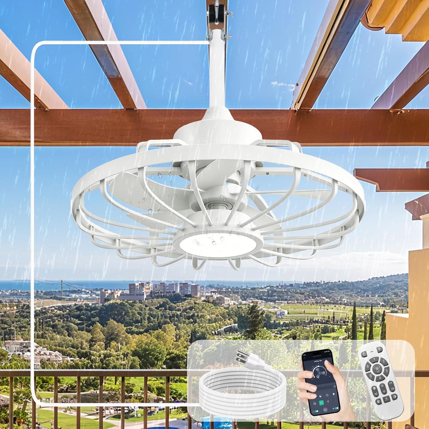 Depuley Outdoor Ceiling Fan with Light: 20 Inch Outdoor Gazebo Hanging Fans with Remote App - Waterproof Plug in Caged Ceiling Fan for Patio Porch Canopy Pergola white