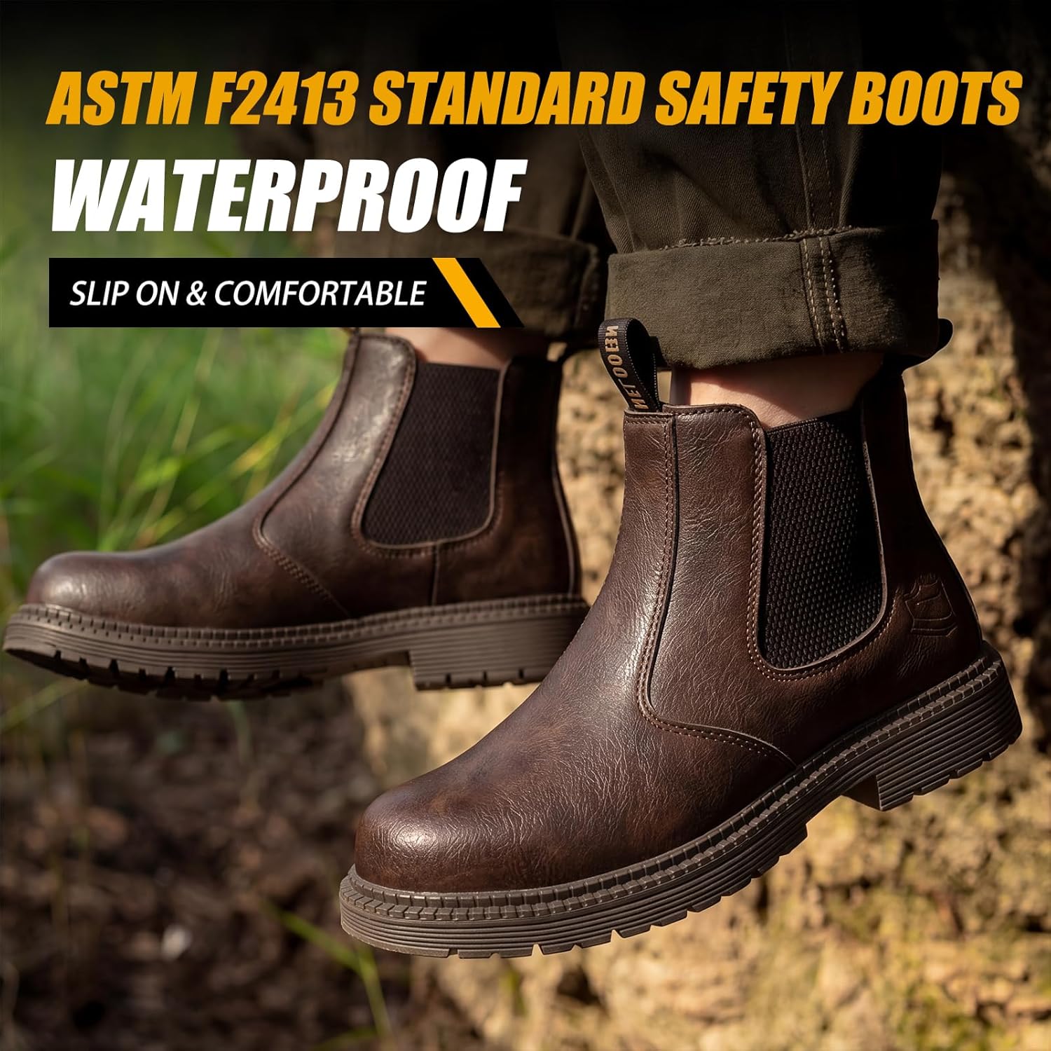 KELODON Waterproof Slip On Work Boots for Men-6 Inch Water Resistant Steel Toe Bootsfor Men,Lightweight Kevlar Non Slip Safety Shoes for Construction