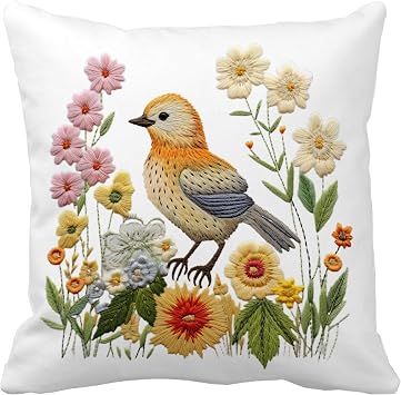 Leaveland Bird Wildflower Faux Embroidery Print 18x18 Inch Throw Pillow Cover Boho Farm Animal Embroidered Floral Decorative Cushion Case Spring Summer Christmas Home Room Decor Gift Flower Pillowcase