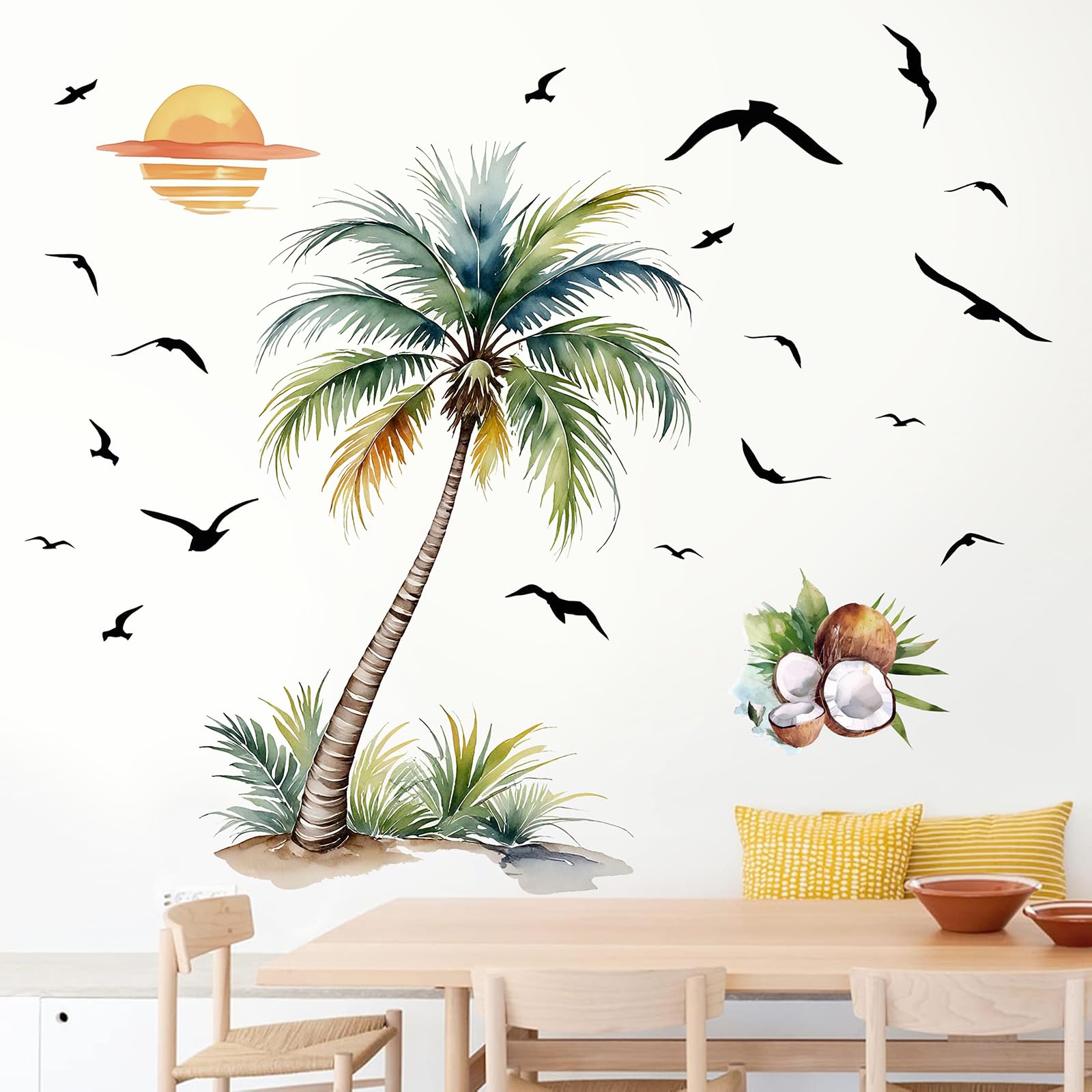 KAIRNE Palm Tree Wall Stickers Watercolor Coconut Tree Summer Decals Tropical Plant Birds Sunset Sticker Boho Art Decor for Baby Nursery Classroom Living Room Bedroom TV Background - Image 2