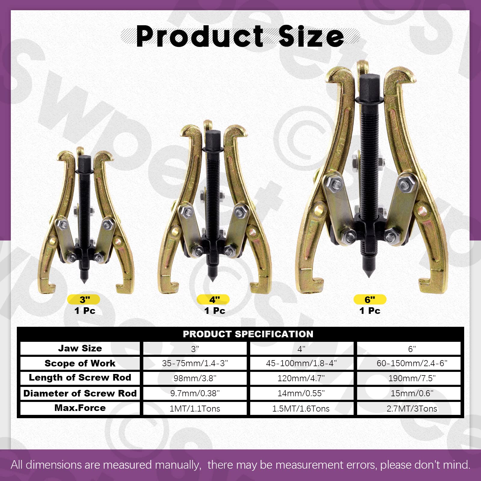 Swpeet 3Pcs 3 Mâchoires Kit d'extracteurs d'engrenages, 3 Pouces, 4 Pouces, 6 Pouces, 3 mâchoires en Or pour Le démontage des poulies, roulements et Volants d'inertie, kit d'outils de démontage