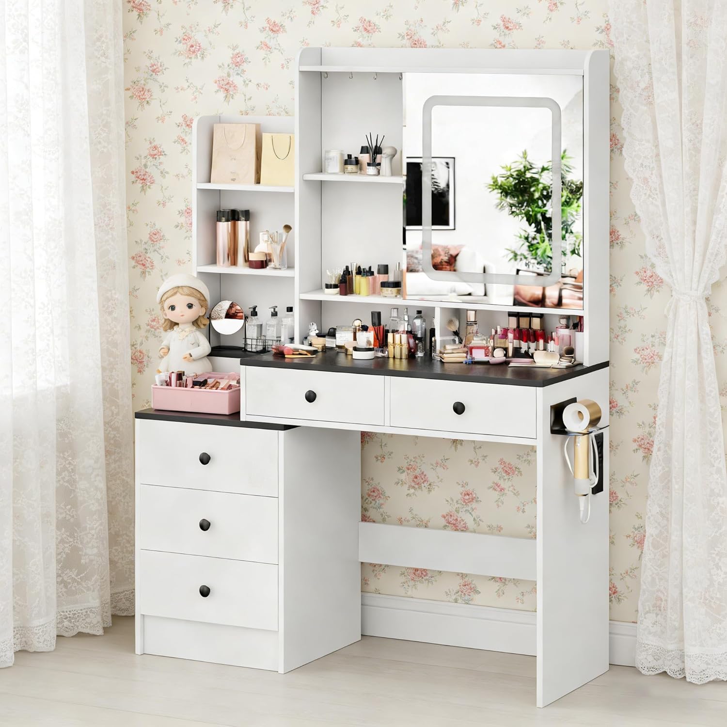 Vanity Desk with Mirror and Light, Makeup Vanity Table with Drawer and Storage Dresser, 3 Lighting Modes Adjustable Brightness, Bedroom Dressing Table, Black