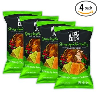 Wicked Crisps, Spring Vegetable Medley, Baked Veggie Chips, Gluten-free, Low-fat, Non-GMO, Kosher, Gourmet Vegetable Crisps with a Hint of Sea Salt, All Natural, 4oz party-size bag 4 pack