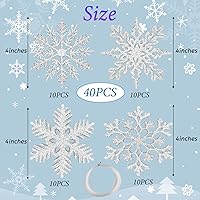 Vista 2 de MIAHART Paquete de 40 adornos de copos de nieve plateados de Navidad de 4 pulgadas, adornos de copos de nieve de plástico plateado con purpurina
