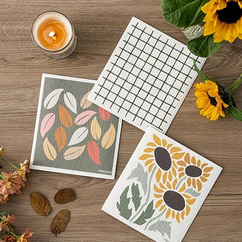 Miniatura 2 de RECYCO Paños de cocina suecos  Paquete de 6 trapos lavables de hojas de otoño  Toallas de papel de limpieza reutilizables de celulosa  Toallitas