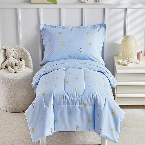 DuShow Cotton Toddler Bedding Set,4 Piece Toddler Bed Comforter Sets, Blue Fish Pattern for Kids Boys and Girls,Includes Quilted Comforter,Fitted Sheet,Top Sheet,and Pillow Case