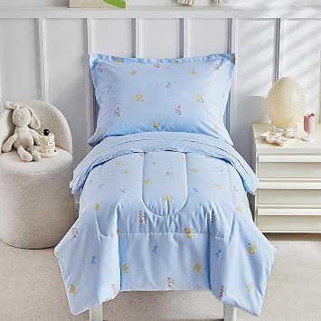 DuShow Cotton Toddler Bedding Set,4 Piece Toddler Bed Comforter Sets, Blue Fish Pattern for Kids Boys and Girls,Includes Quilted Comforter,Fitted Sheet,Top Sheet,and Pillow Case