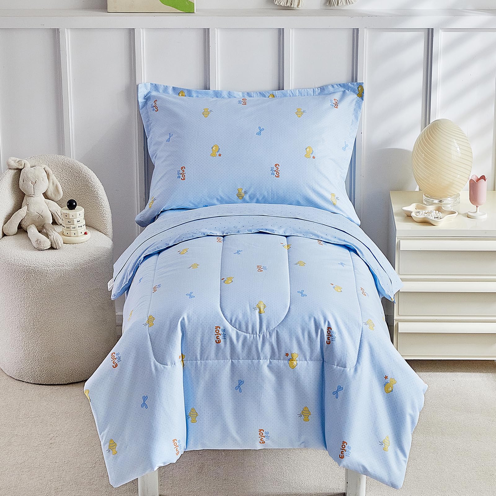 DuShow Cotton Toddler Bedding Set,4 Piece Toddler Bed Comforter Sets, Blue Fish Pattern for Kids Boys and Girls,Includes Quilted Comforter,Fitted Sheet,Top Sheet,and Pillow Case