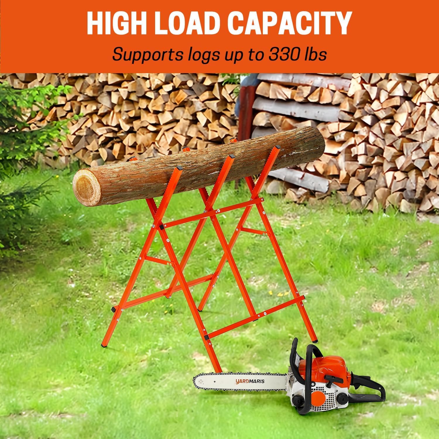 Log Saw Horse, Log Cutting Stand, 10.6 in Diameter Foldable Steel Sawbuck, Adjustable Log Holder for Cutting