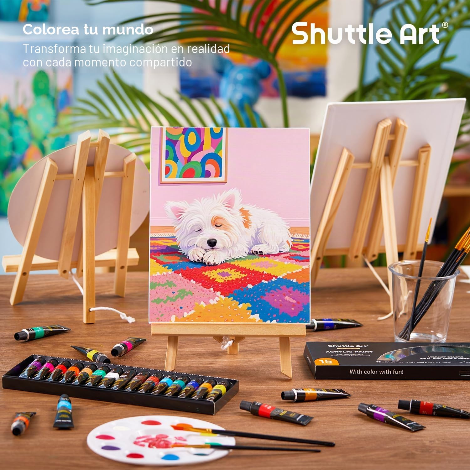Shuttle Art Kit Caballete Pintura 87 Piezas, Maletín Pintura con 15 Colores de Pinturas Acrilicas x3, 3 Caballetes, Lienzos, Pinceles, Paletas para Niños Adultos Principiantes