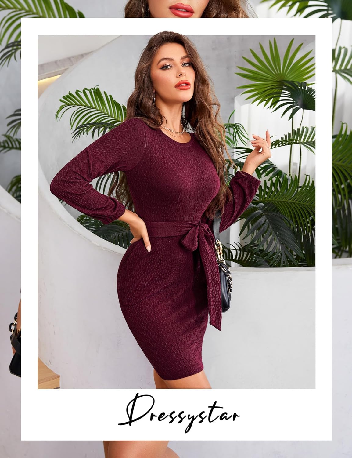 Dressystar Women's Long Sleeve Crewneck Ribbed Knit Sweater Dress Casual Elegant Midi with Tie Waist Belt for Fall/Winter - Image 5