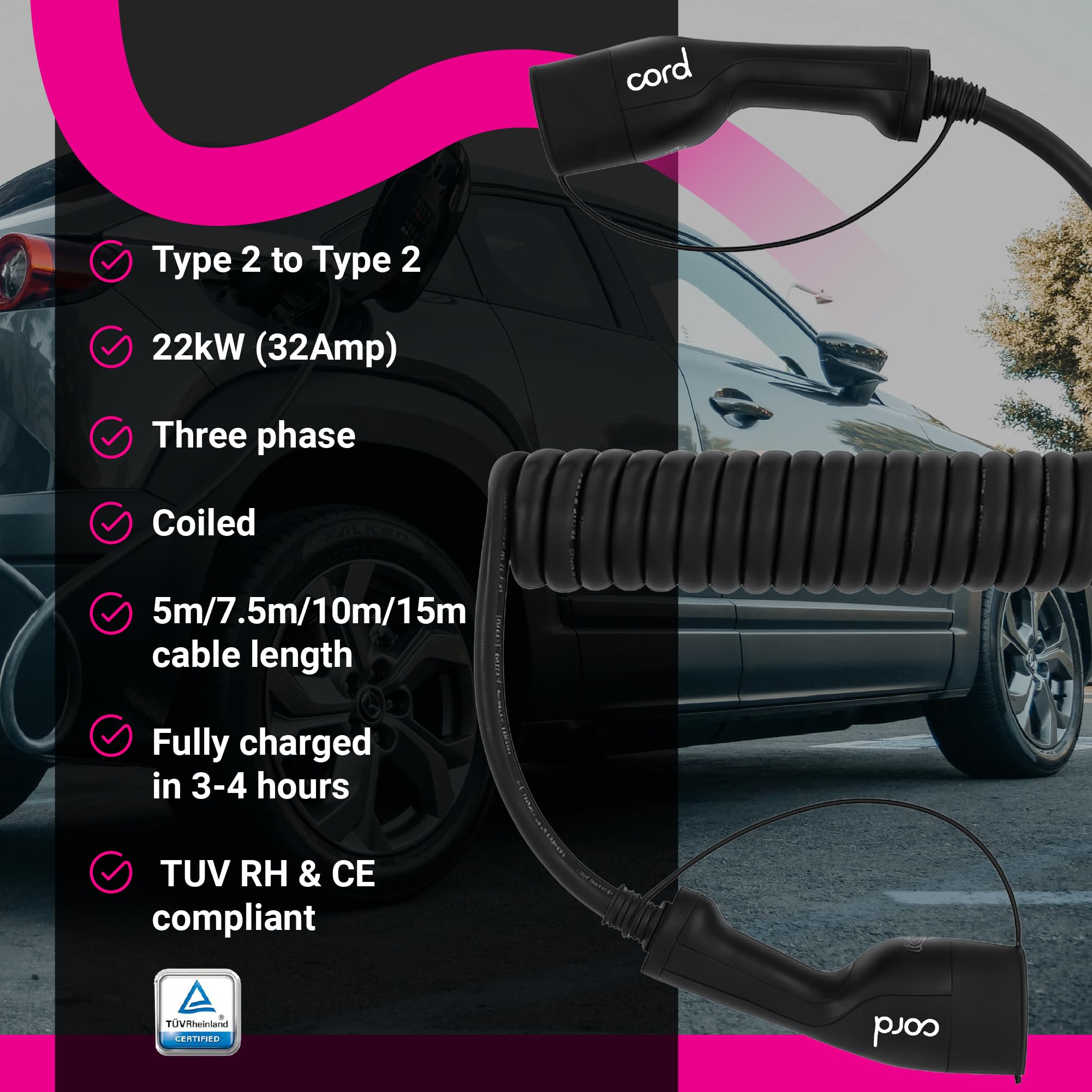 Cord Zwijany kabel ładujący typu 2 do typu 2 EV, 32 A, 22 kW, 5 metrów, trójfazowy