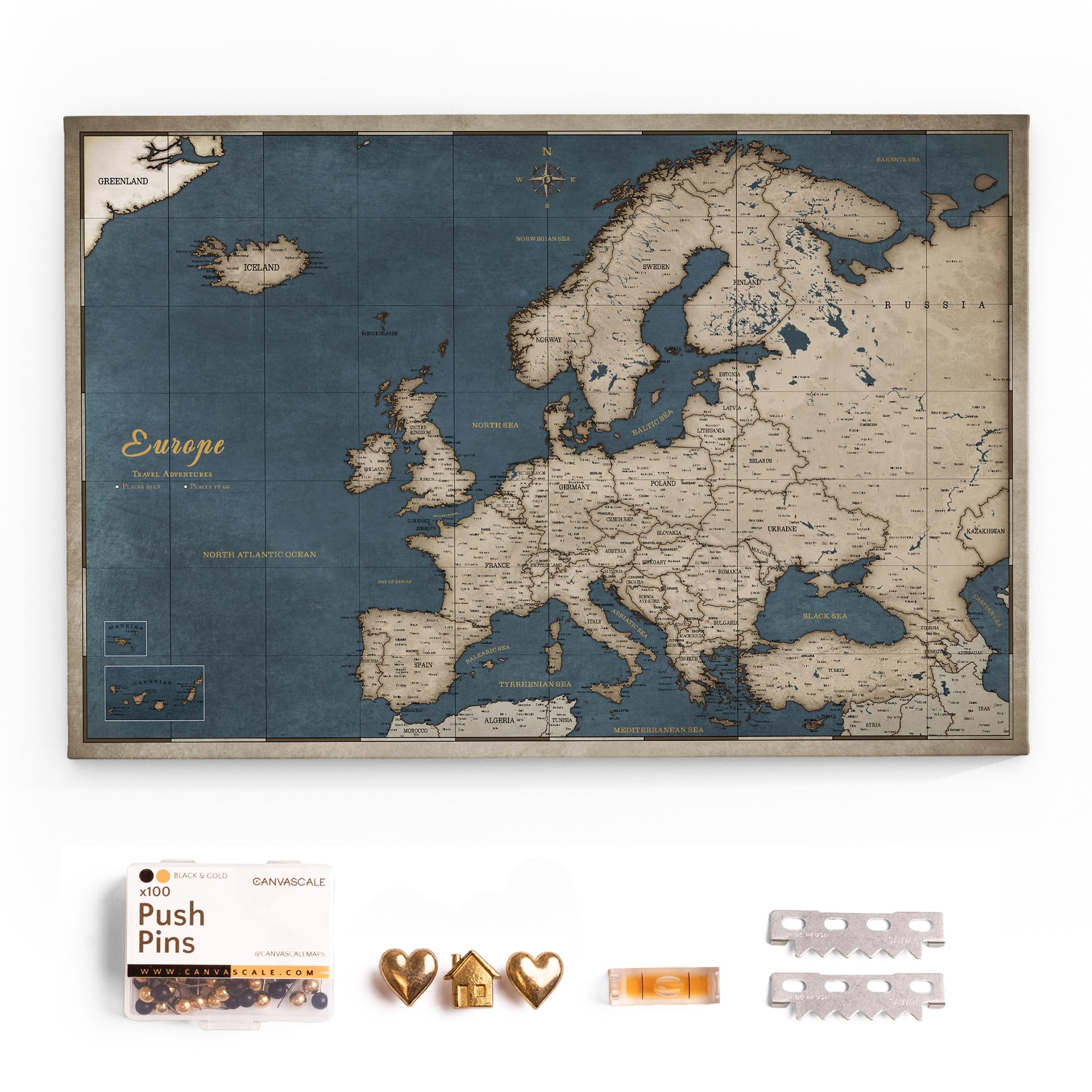 Canvas Europe Map with Cork Pin Board - Decorative Wall Decoration for All Rooms - Canvas Pictures with Europe Map Motif (90x60 cm, Pattern 18)