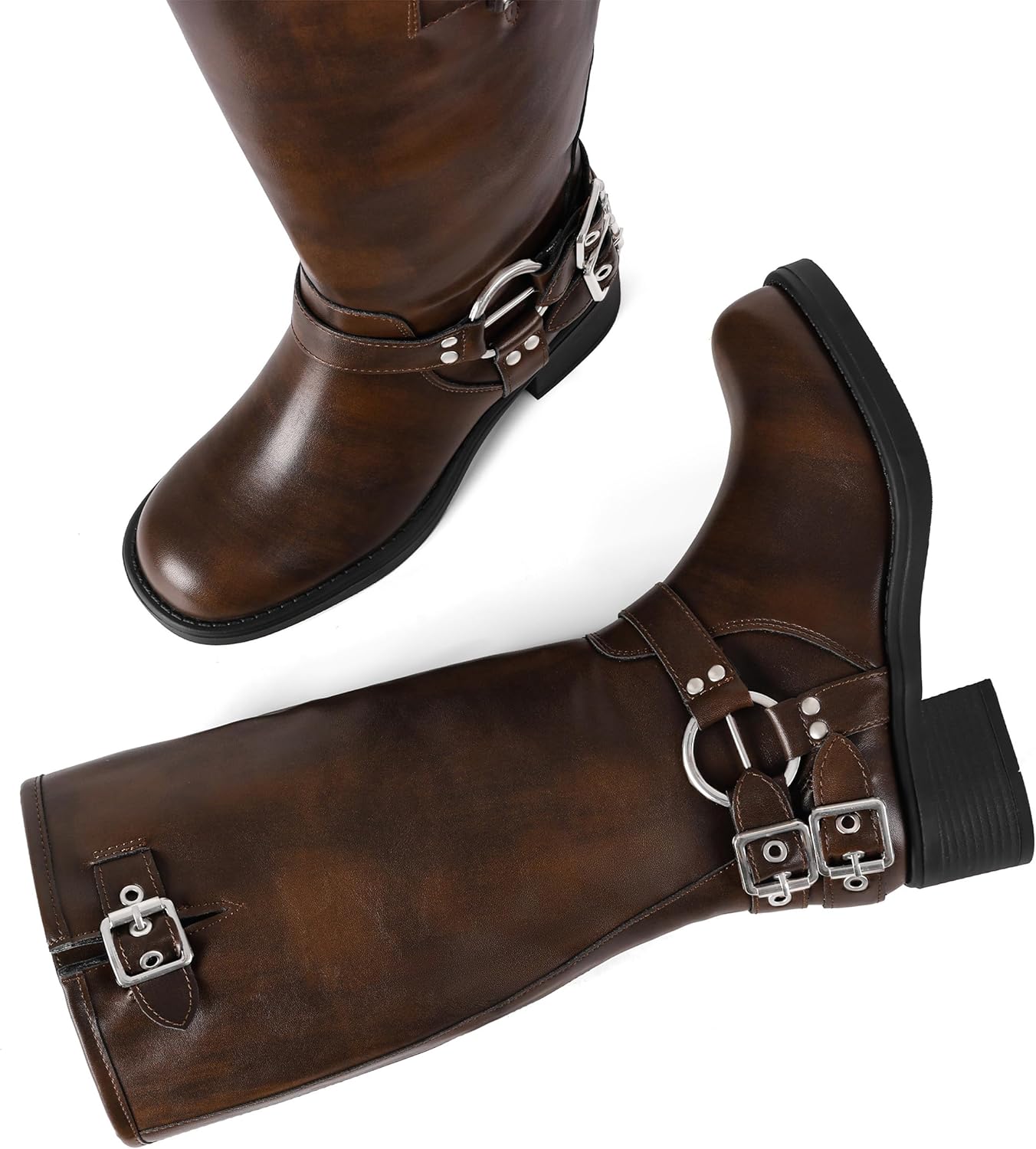 AMINUGAL Wide Calf Knee High Boots for Women Square Toe Pull On Chunky Womens Buckle Moto Boots Rivet Vintage Y2K Motorcycle Riding Biker Casual Fashion Festival Renaissance Combat Rave - Image 4