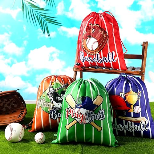 Miniatura 5 de Xuhal 24 bolsas con cordón de béisbol a granel, bolsas de regalo de béisbol, regalos de fiesta para suministros de fiesta temática de cumpleaños, 4