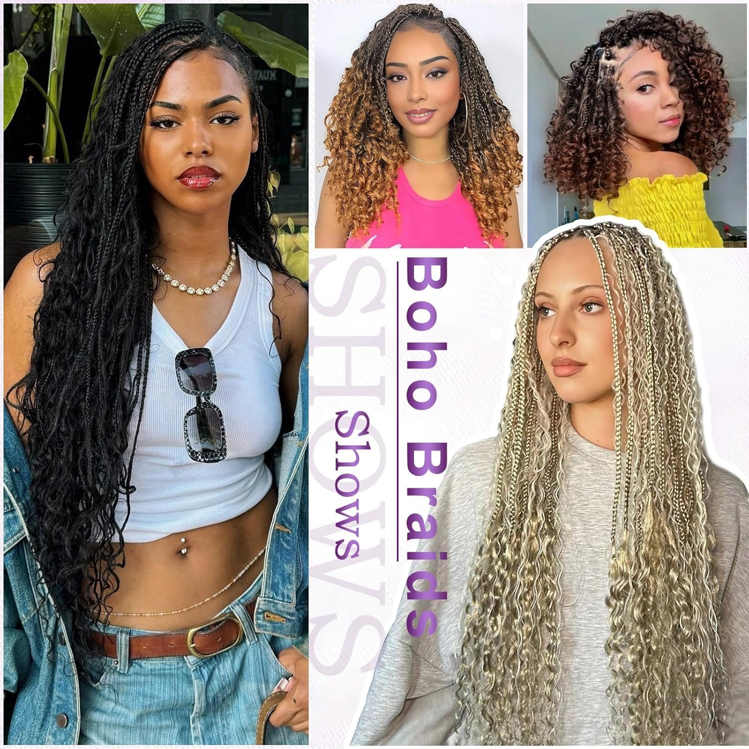 Grey Boho Box Braids Crochet Hair For Black Women-12 Inch 8 pack Pre Looped Bohemian Crochet Braids Short Prelooped Goddess Box Braid Crochet Hair With Curly Ends（14in,#1b/gray）