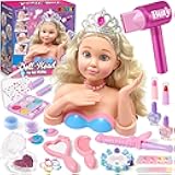 Golray Hair Styling Doll Head Makeup Kit Nail Art Girls Toys,Hair Salon Toy/ Real Cosmetics Nail Polish,Hairdryer Curling Iron Stylist Play Toy Princess Girl Birthday Gifts 3 4 5 6 7 8+ Years Old