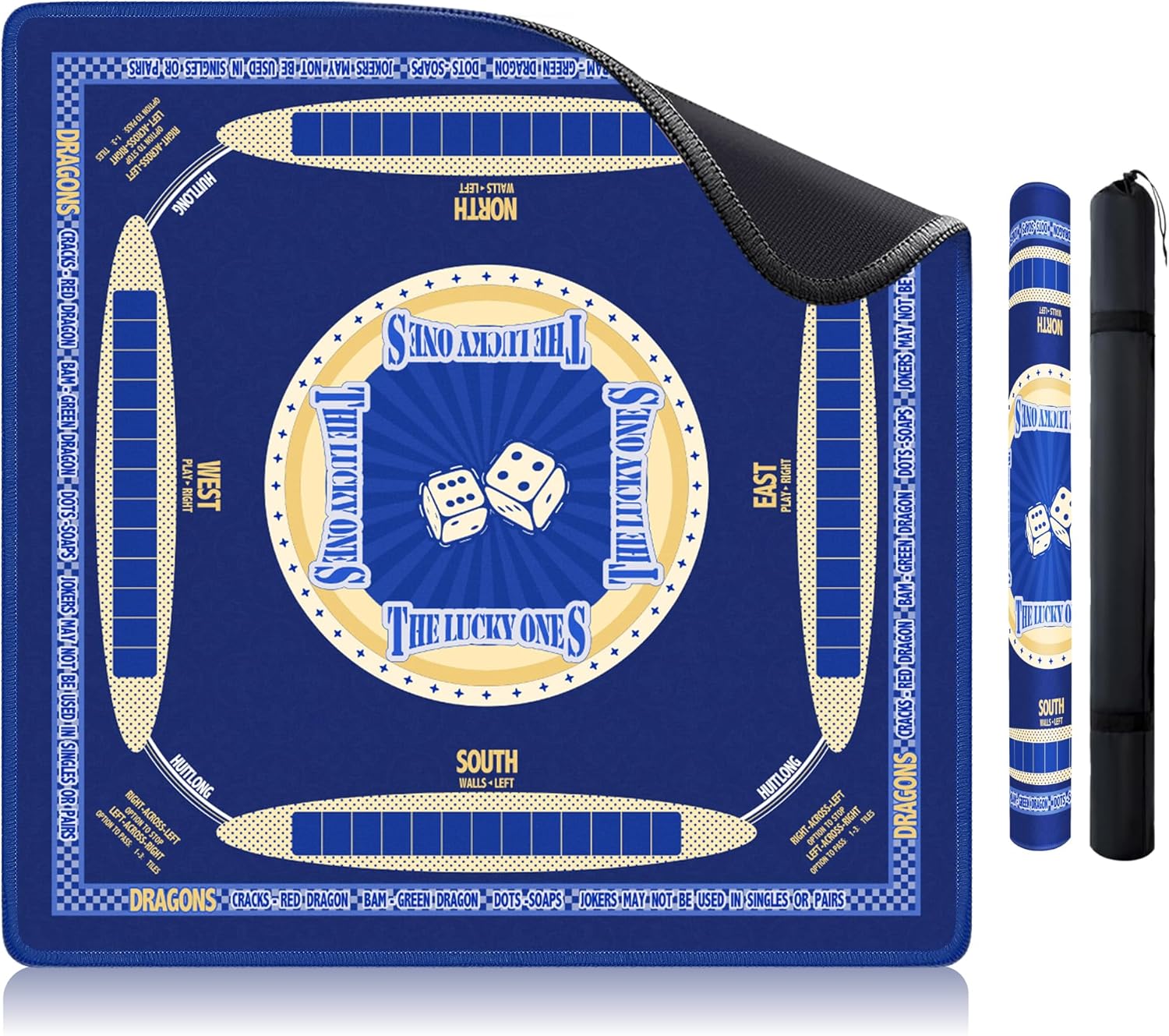 Mahjong Mat for Table (32x32 Inch), Waterproof, Wrinkle-Resistant, Non-Slip & Quiet Table Cover, with Printed Game Rules & Portable Tote Bag, for American Mahjong, Cards, Board Games (lucky blue)