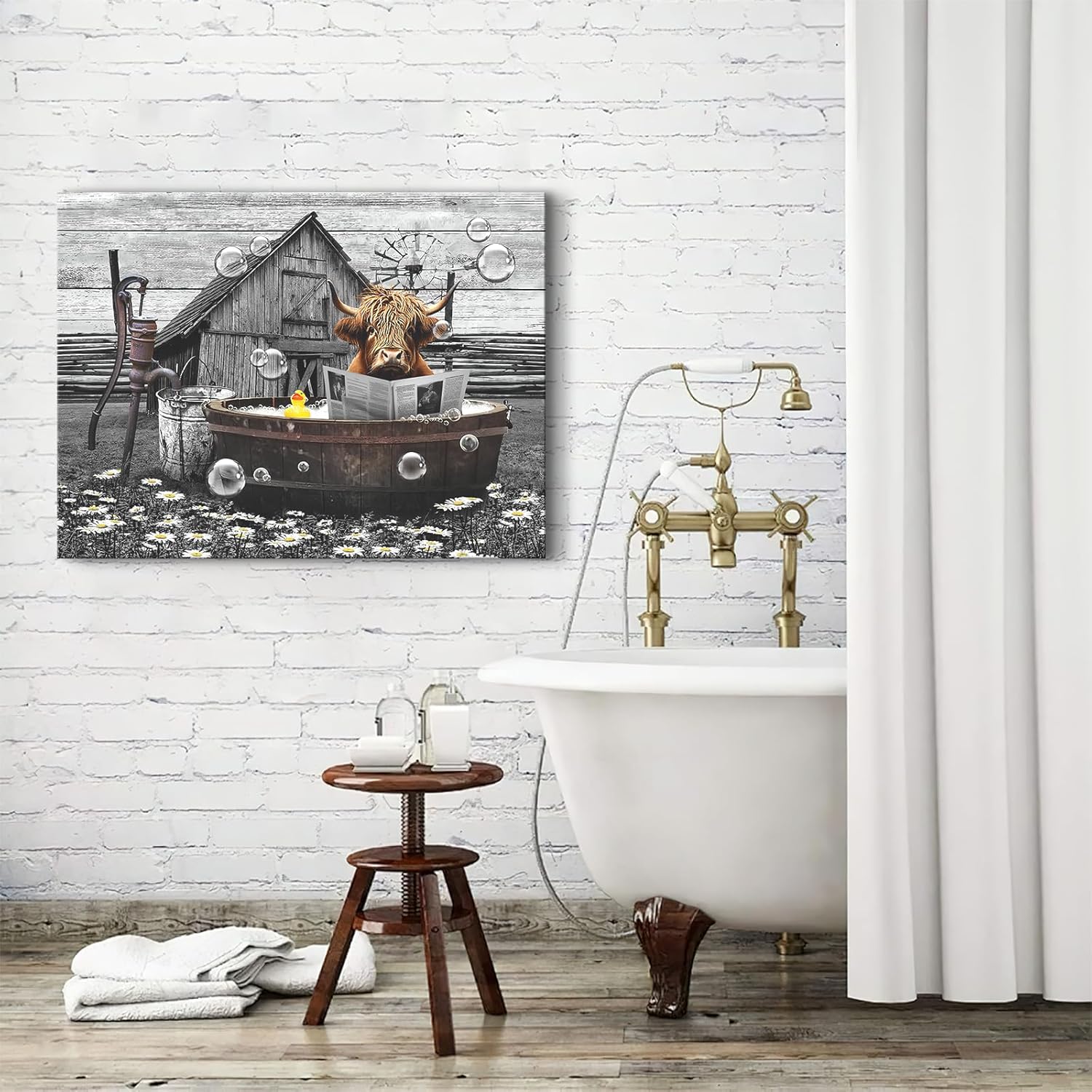 Farmhouse Bathroom Decor Wall Art Highland Cow in Bathtub Reading Newspaper Pictures Rustic Bathroom Funny Cattle Painting for Bathroom Toilet Artwork Framed 12"x16"