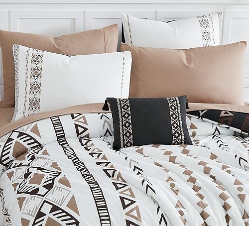 Miniatura 7 de Geniospin Juego de edredón tamaño King, juego de cama bohemio en una bolsa, juego de ropa de cama de 8 piezas, diseño azteca reversible con
