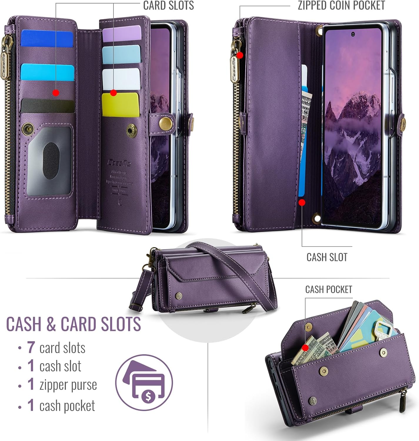 for Samsung Galaxy Z Fold 7 Wallet Case Durable Leather Cover with Card Holder Flip Flap Wrist Strap Zipper Closure & RFID Blocking Case for Galaxy Z Fold 7 Purple