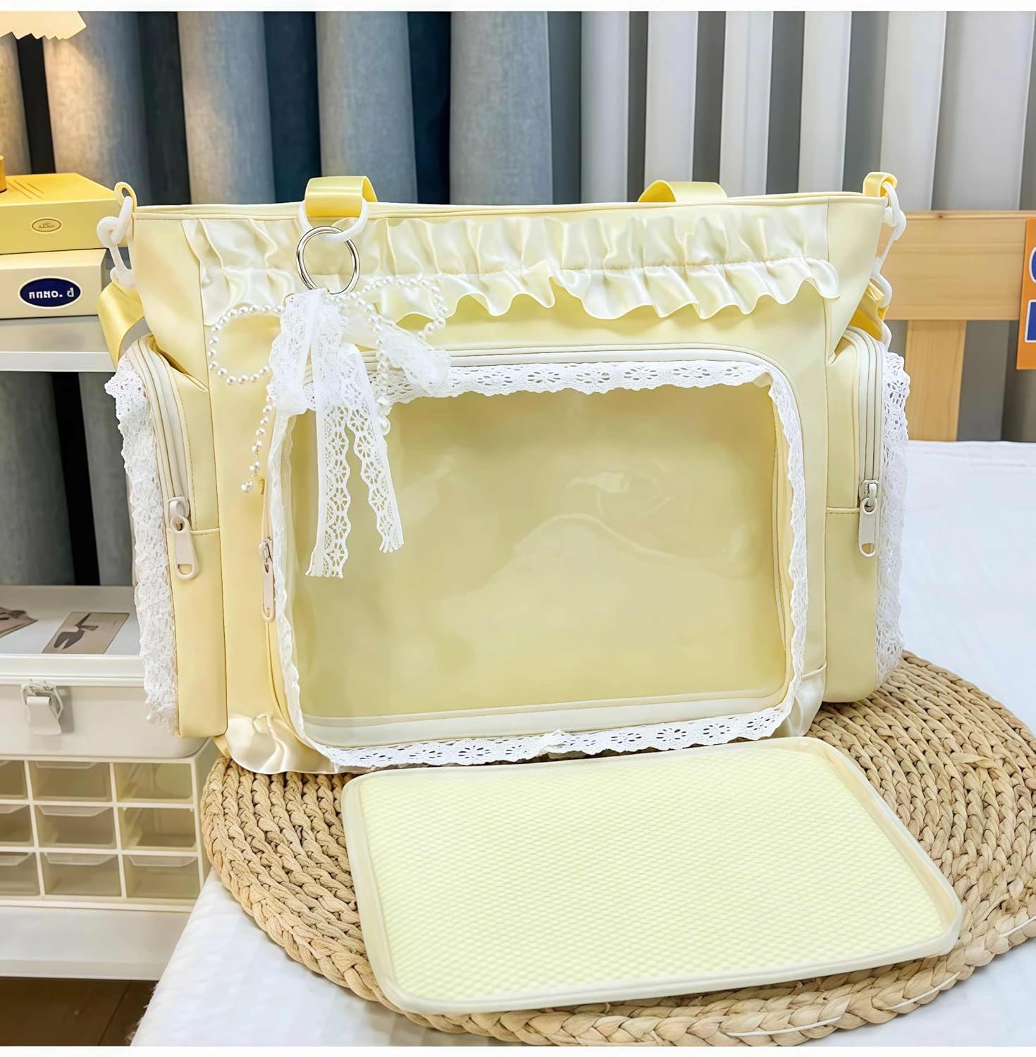 ita crossbody tote bag, pin display with Insert large messenger bag, cute tote bag with zipper ruffle, japanese aesthetic y2k - Image 5