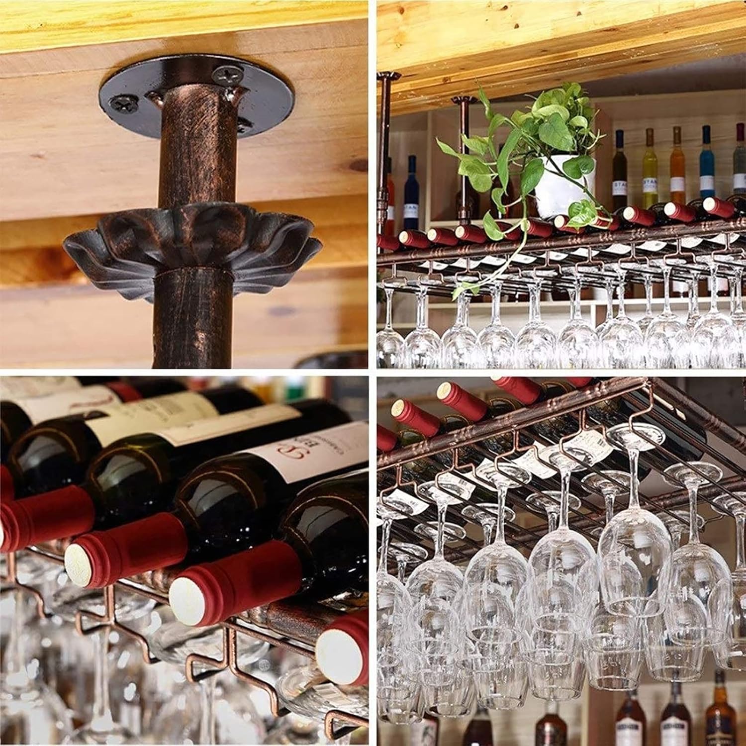 Hanging Wine Glass Holder Retro Metal Hanging Wine Glass Rack,Adjustable Height,Bar Goblet Holder,Home Kitchen Wine Glass Display Stand,Multi-Function Ceiling Hanging Wine Shelf De