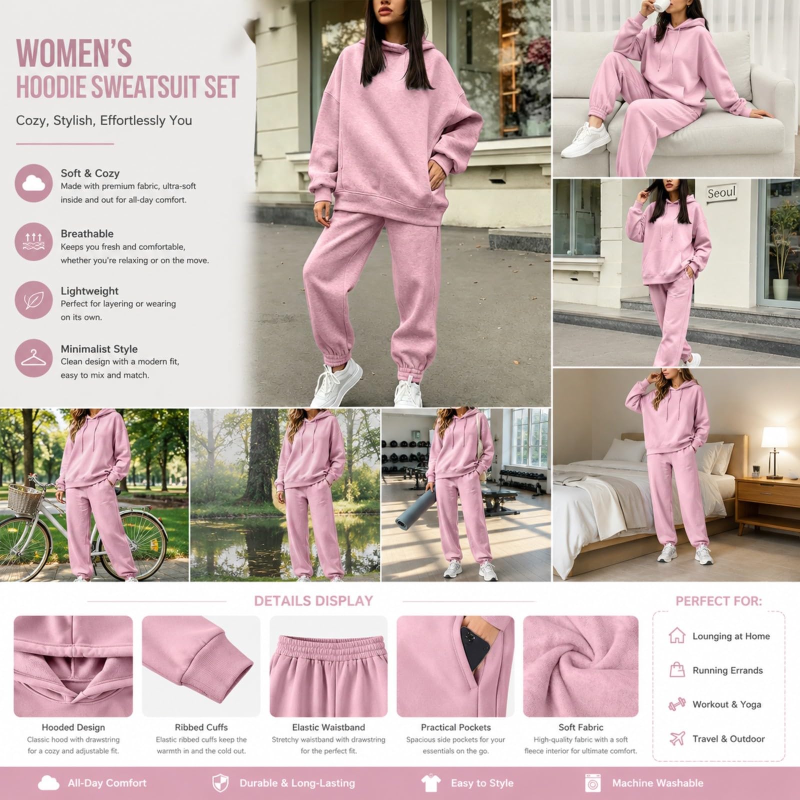 Tuta da jogging da donna, taglie forti, tuta lunga da donna | Tuta sportiva con cappuccio e pantaloni da jogging, vestibilità regolare, due pezzi, casual, streetwear, baggy
