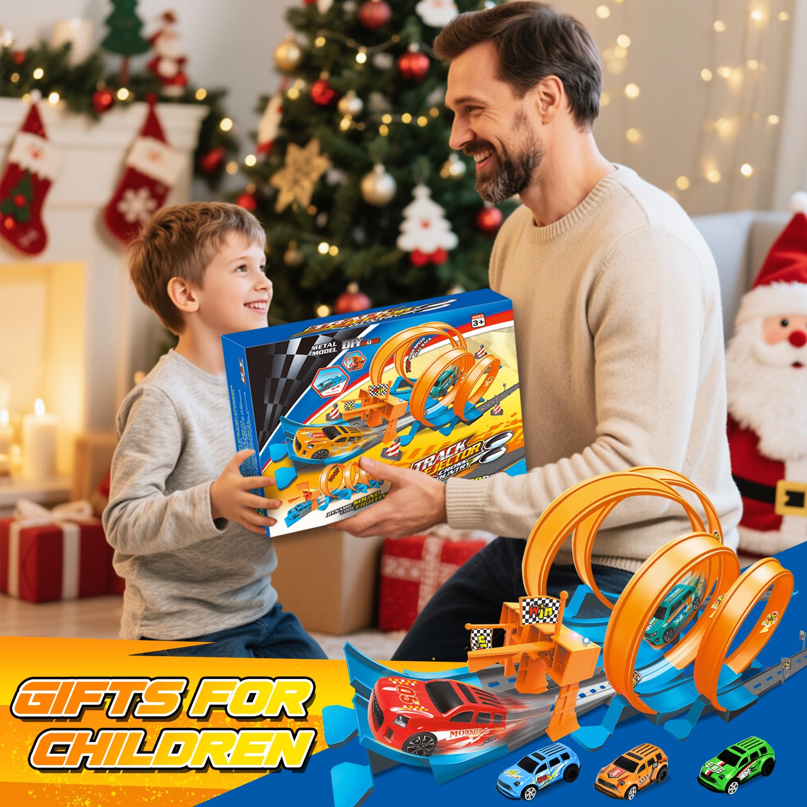 Ulikey Piste de Voiture Enfant, 76 Pièces Flexible Circuit Voitures avec 4 Loopings & 6 Voitures, Pistes de Course Voiture Jouet avec Lumières & Son, Démontage&Stockage, Cadeau Garcon Fille de 3+Ans