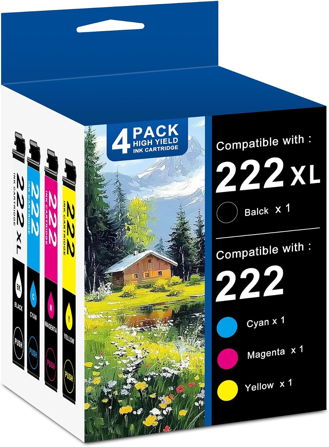 222 222XL Ink Cartridges Combo Pack Remanufactured Replacement for 222XL T222 T222XL Ink Cartridge for Workforce WF-2960 Expression XP-5200 Printer Ink 4-Pack (Black Cyan Magenta Yellow)