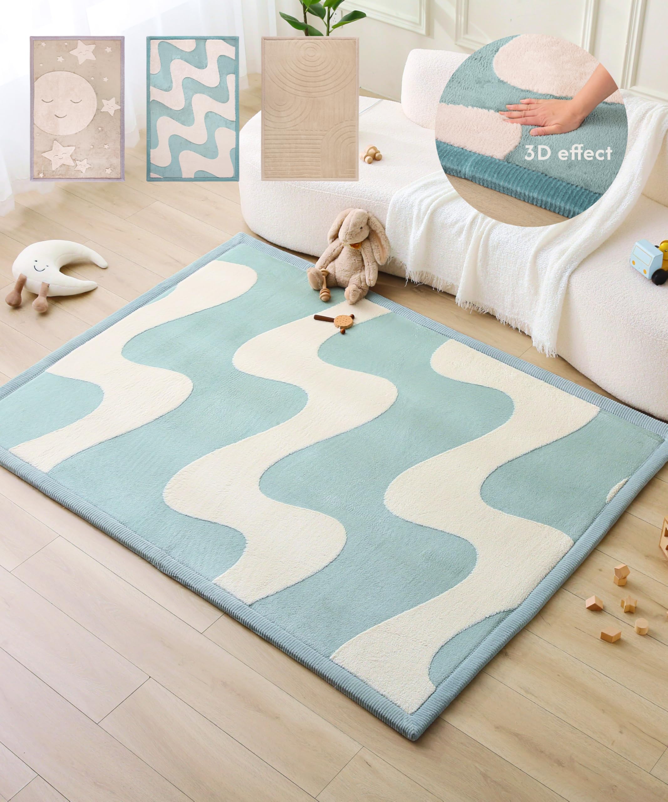 Wolkenweiche Spielmatte Baby 200x150x2,5cm, Wellen – Teppich für Kinderzimmer mit hochwertigem Memory-Schaum – Krabbelmatte Baby mit Rutschfester Unterseite – Krabbeldecke Kinderteppich Tatami Matte