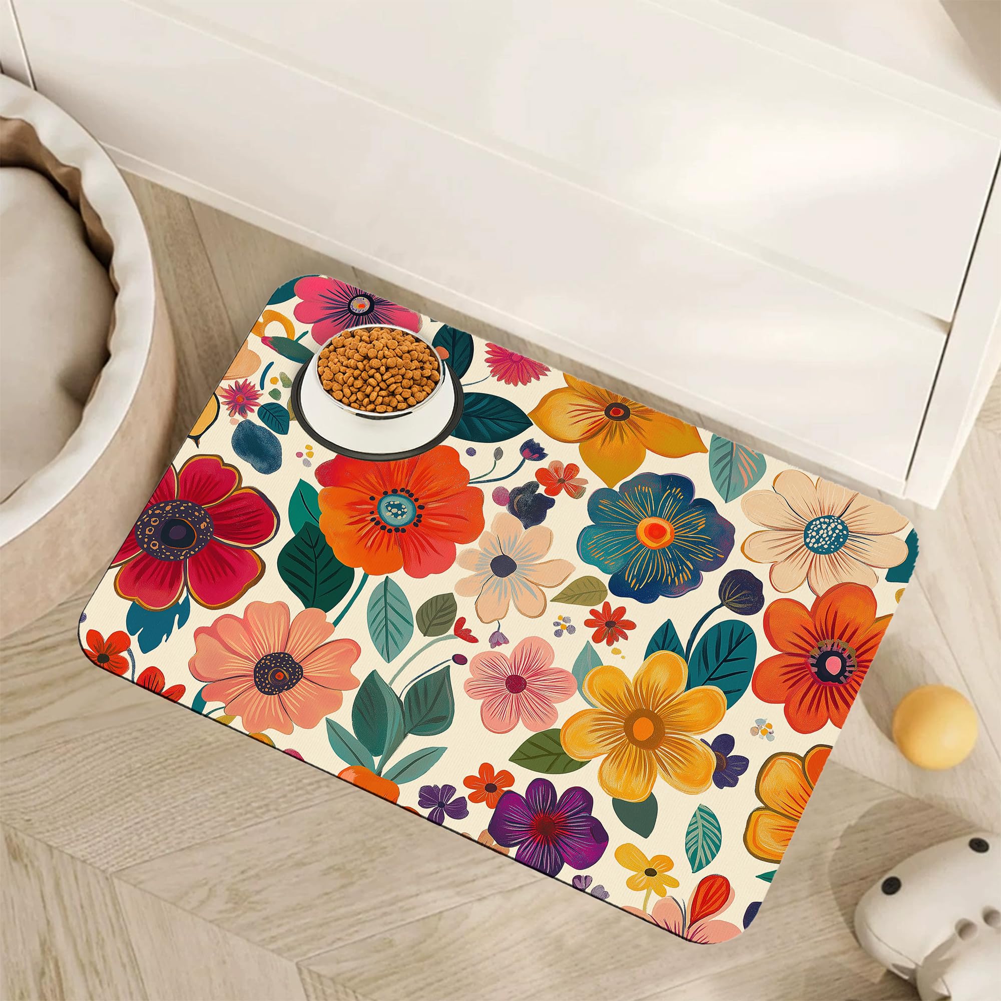 Tappetino per cibo per cani con motivo floreale, per pavimenti, assorbente, ad asciugatura rapida, tappetino per cibo e acqua, antiscivolo, accessori per animali domestici, 40,6 x 61 cm